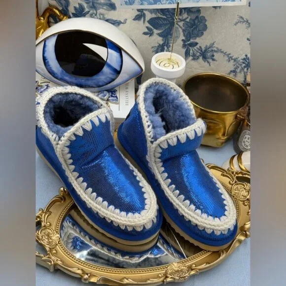 🆕 MOU 🧿 NWOT WOB Metallic Stingray Effect Blue Eskimo Ankle Boot, Sz EU 37 - Picture 4 of 13